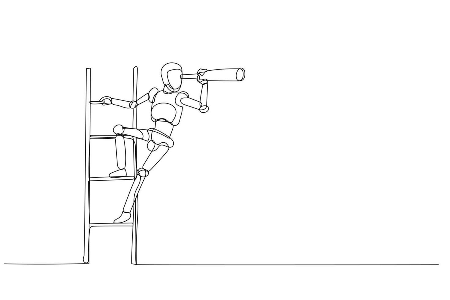 Karikatur von Vektor Roboter Chatbot, ai im Wissenschaft und Geschäft halten ein Teleskop auf das Treppe suchen von Erfolg