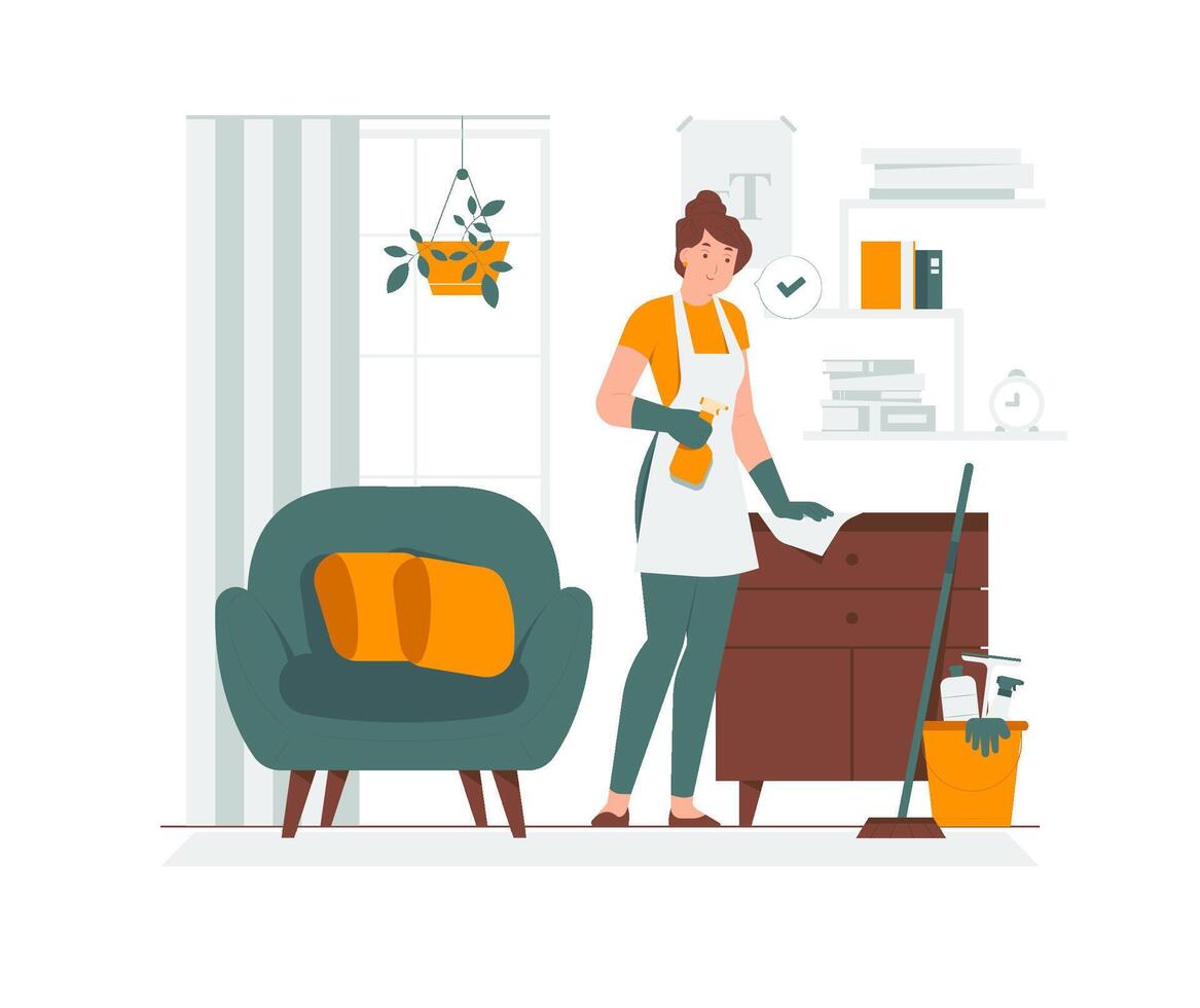 Hausarbeit, Haus behalten Service, Frau tragen Schürze Reinigung Staub im Zuhause Konzept Illustration vektor