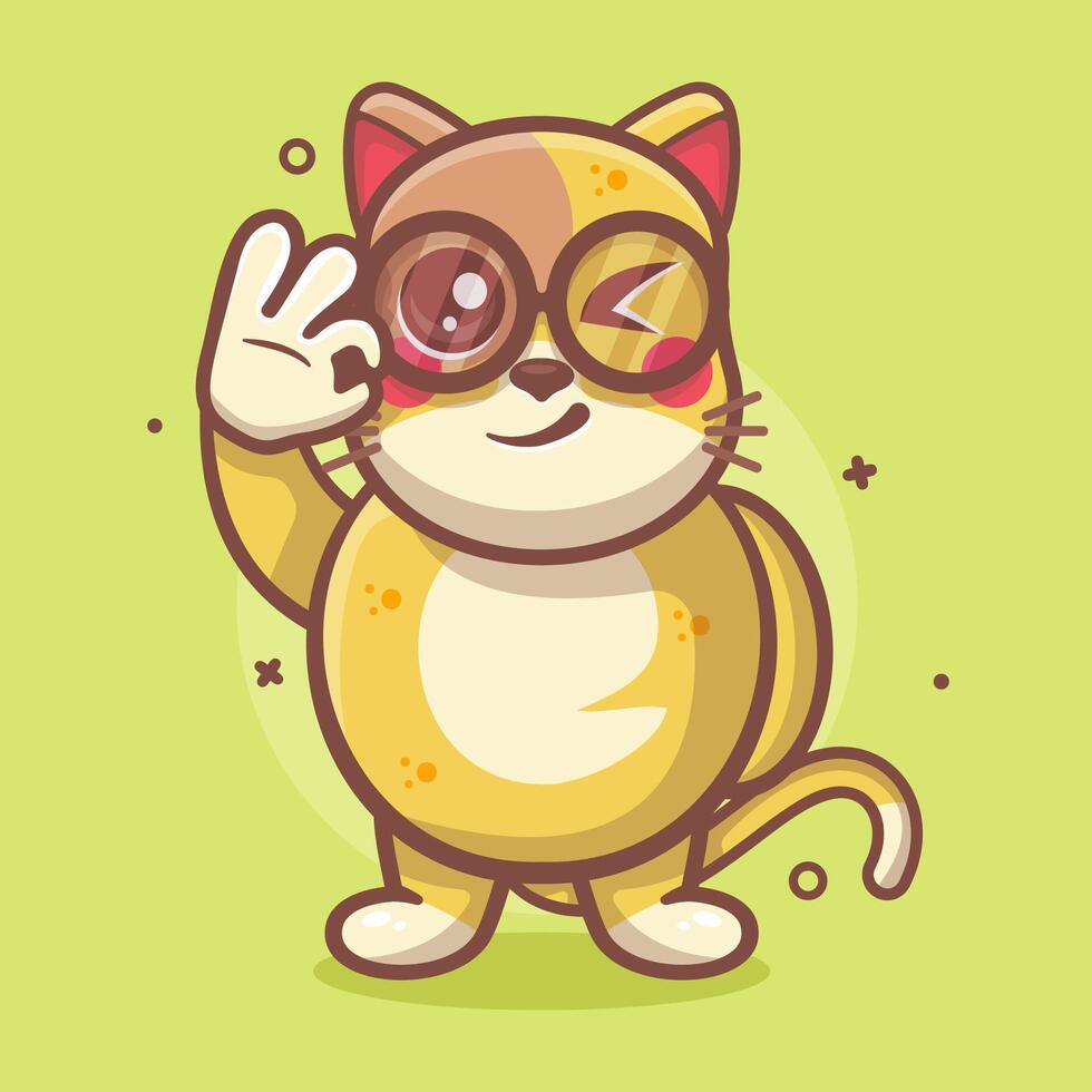 komisch Katze Tier Charakter Maskottchen mit in Ordnung Zeichen Hand Geste isoliert Karikatur vektor