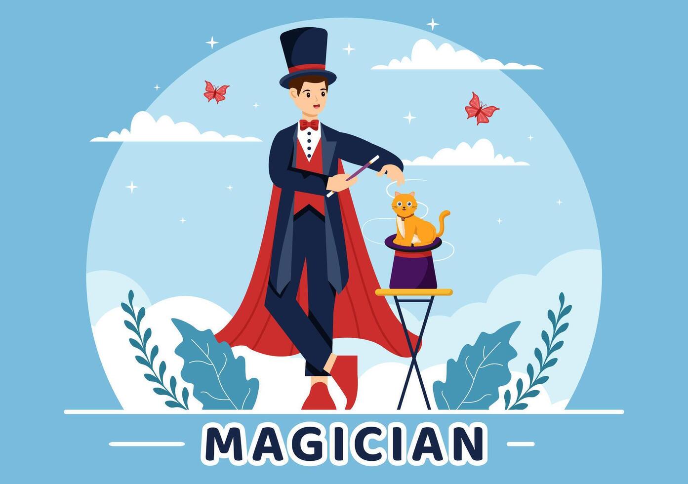Zauberer Vektor Illustration mit Illusionist beschwören Tricks und winken ein Magie Zauberstab über seine mysteriös Hut auf ein Bühne im eben Karikatur Hintergrund
