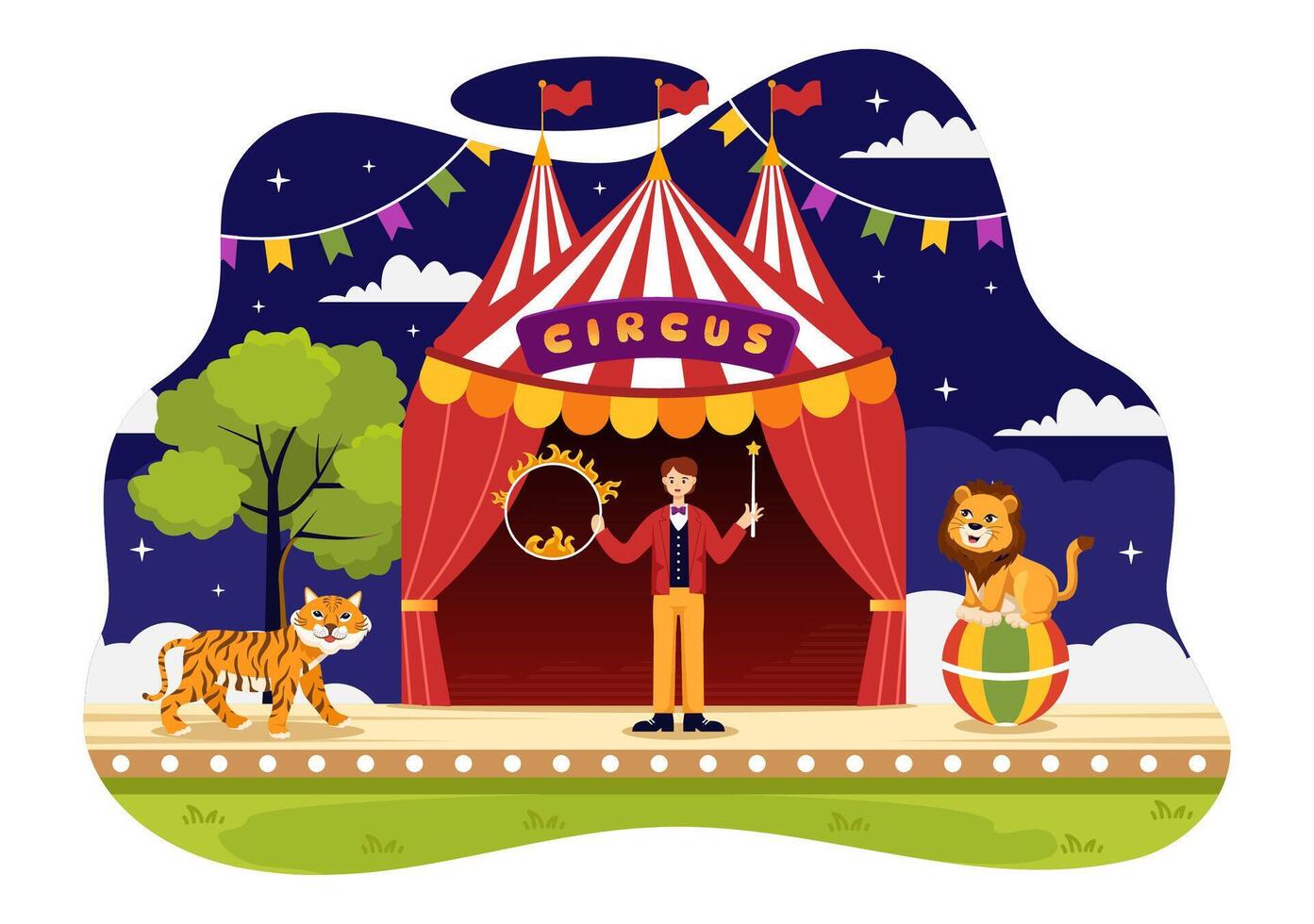 cirkus vektor illustration med visa av gymnast, trollkarl, djur- lejon tiger, värd, underhållare, clowner och nöje parkera i platt tecknad serie bakgrund