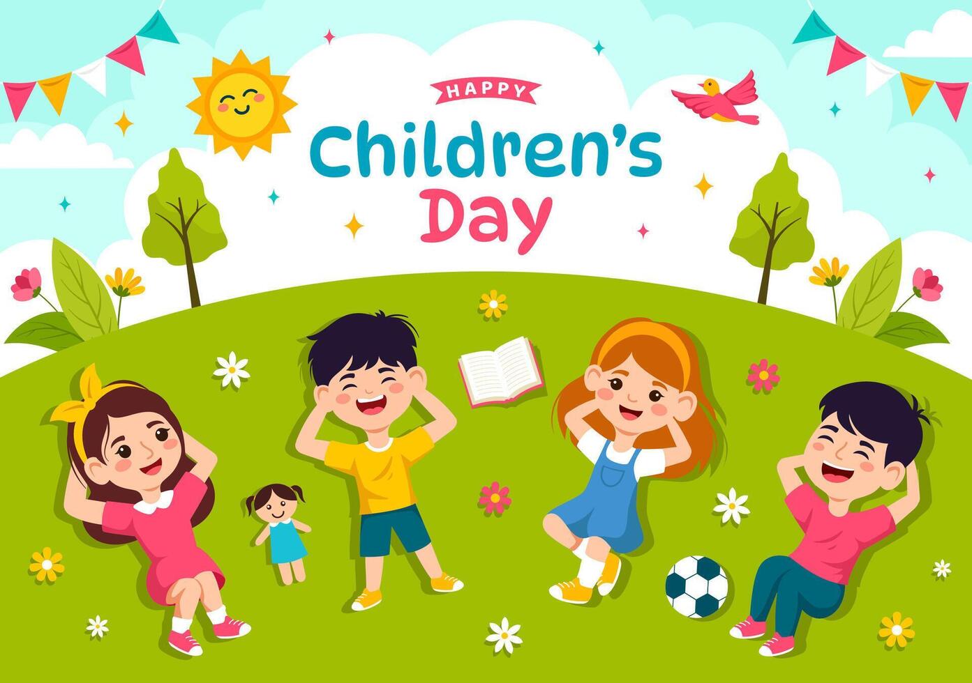 Lycklig barns dag vektor illustration med barn samhörighet i barn firande tecknad serie ljus himmel blå bakgrund och grön fält design