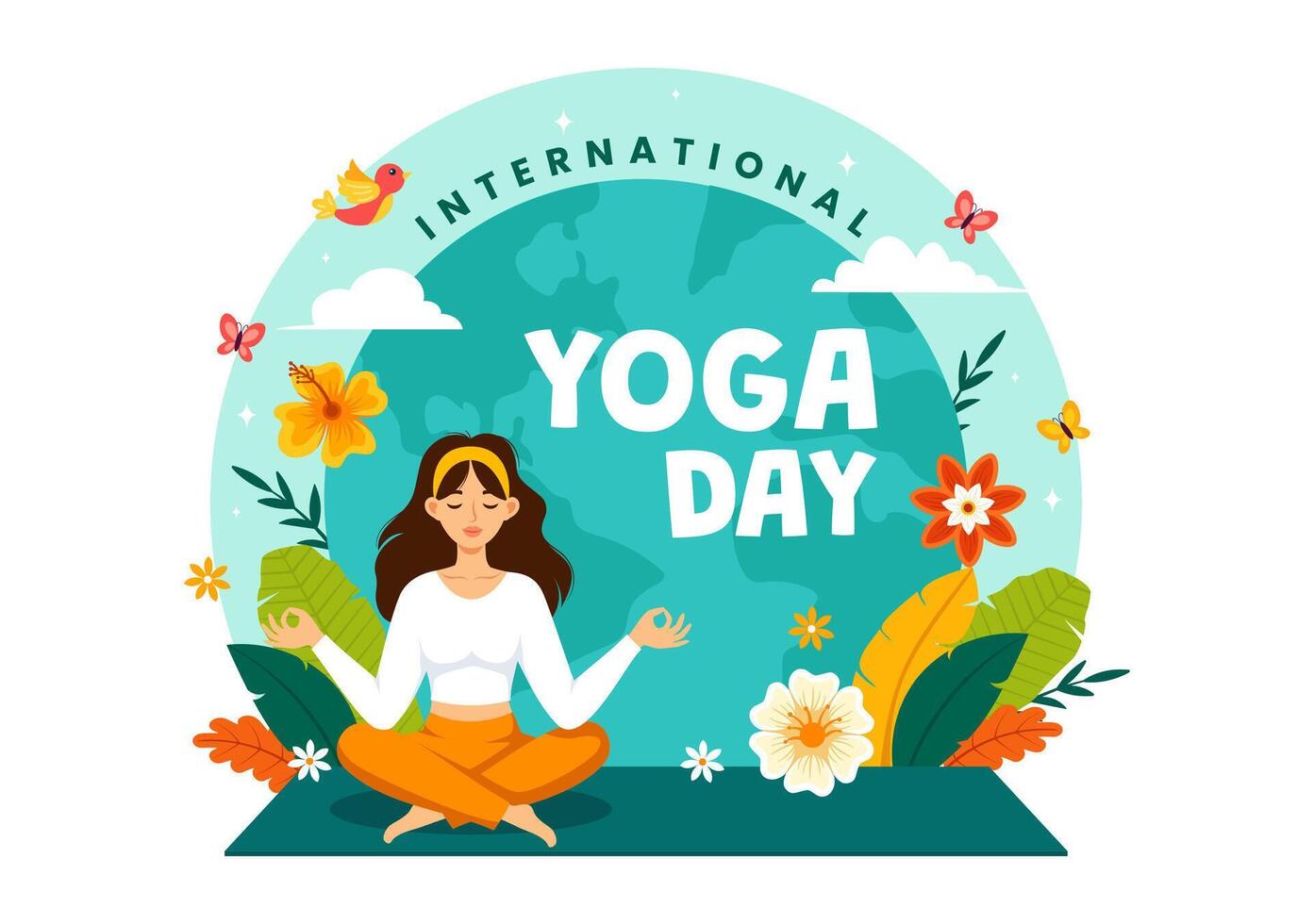 internationell yoga dag vektor illustration på juni 21 med kvinna håller på med kropp hållning öva eller meditation i sjukvård platt tecknad serie bakgrund