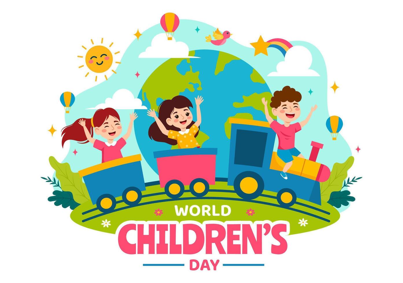 glücklich Kinder- Tag Vektor Illustration mit Kinder Zusammengehörigkeit im Kinder Feier Karikatur hell Himmel Blau Hintergrund und Grün Feld Design
