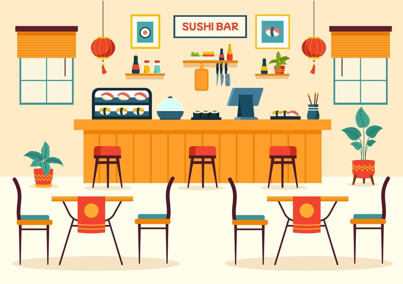 sushi bar vektor illustration av japan asiatisk mat eller restaurang av sashimi och ris för äter med soja sås och wasabi i platt tecknad serie bakgrund