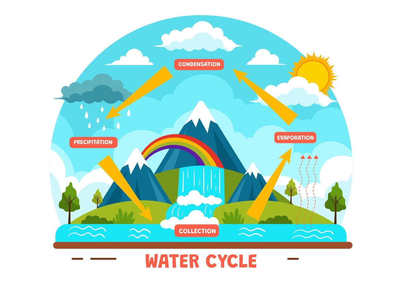 vatten cykel vektor illustration med avdunstning, kondensation, nederbörd till samling i jord naturlig miljö i platt tecknad serie bakgrund