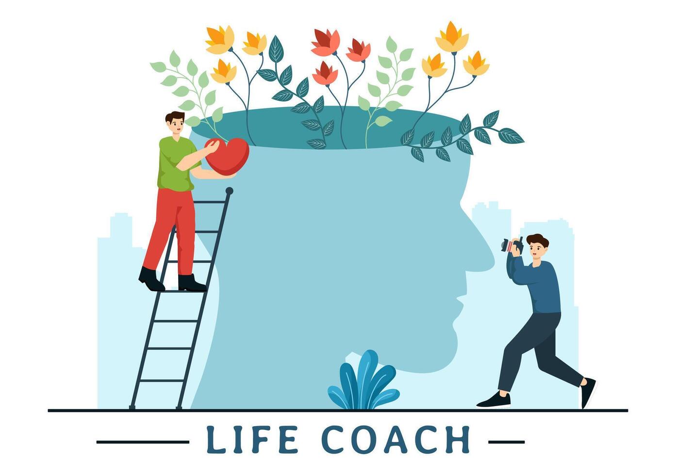liv tränare vektor illustration för samråd, utbildning, motivering, mentor perspektiv och själv coaching i företag platt tecknad serie bakgrund