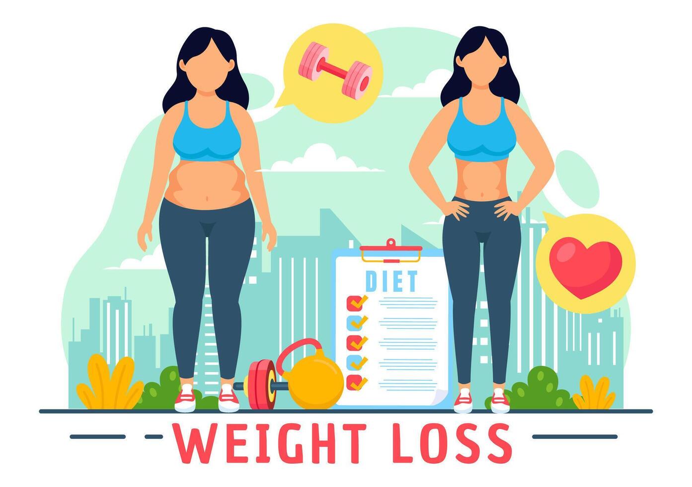 vikt förlust vektor illustration av kvinna kropp omvandling begrepp med kondition, sport, diet och friska livsstil i platt tecknad serie bakgrund