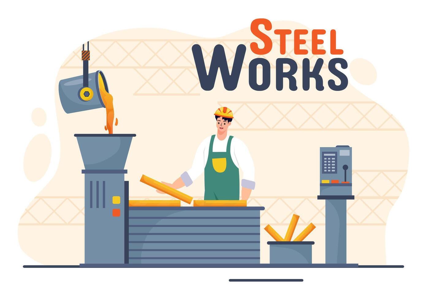 stålverk vektor illustration med resurs brytning, smältning av metall i stor gjuteri och varm stål häller i platt tecknad serie bakgrund design