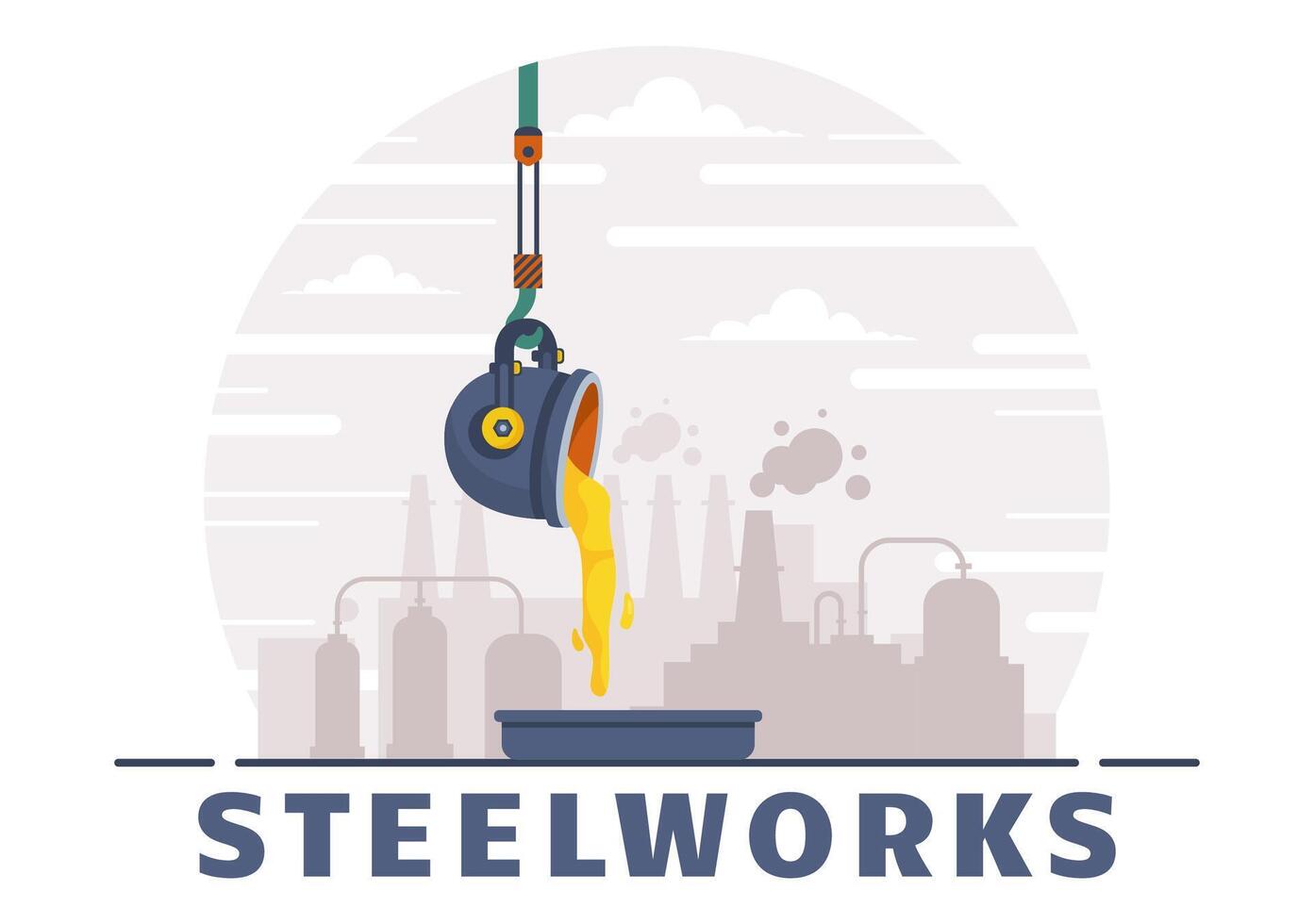 stålverk vektor illustration med resurs brytning, smältning av metall i stor gjuteri och varm stål häller i platt tecknad serie bakgrund design