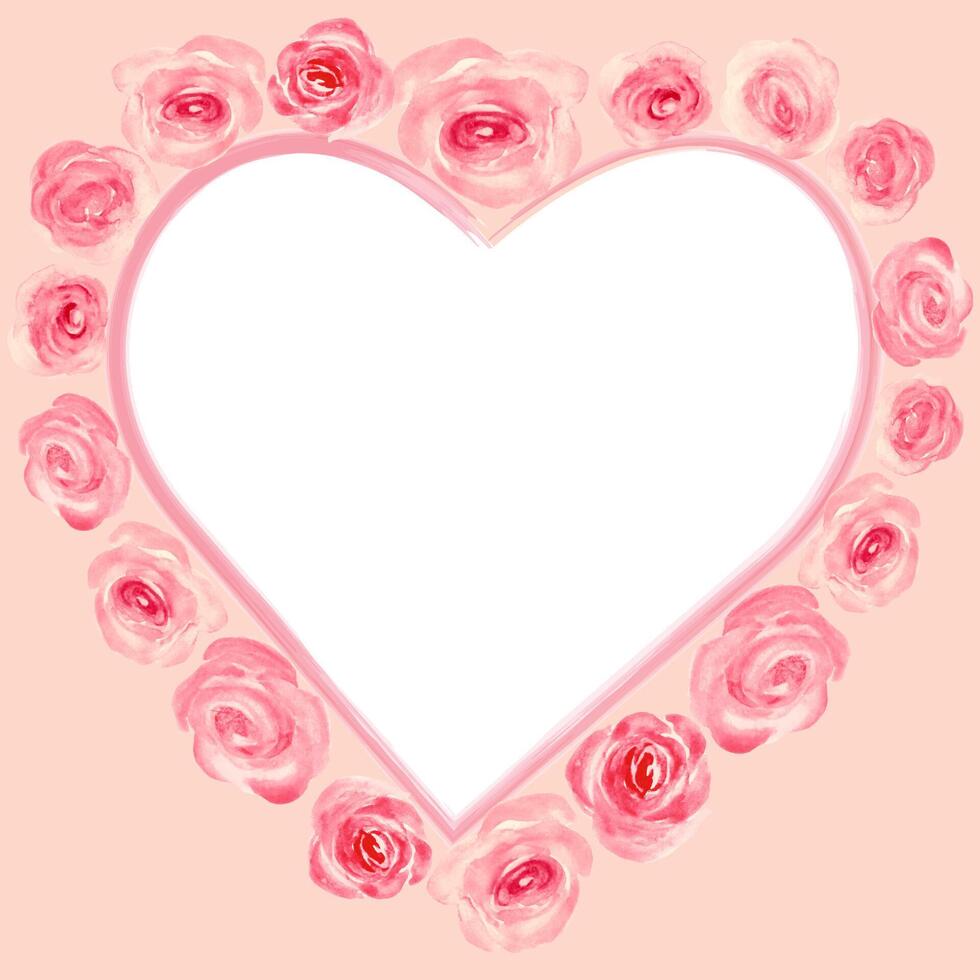 vattenfärg blommig hjärta ram med rosa målad rosor. hand dragen blommor illustration. design för inbjudan, eller hälsning kort. vektor eps.