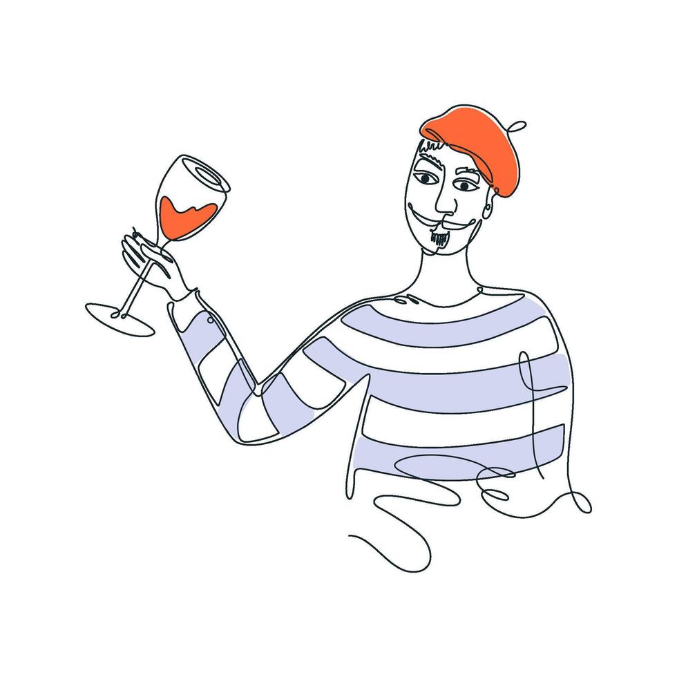 Franzose mit Glas von Wein. Stereotyp Outfit mit Baskenmütze und gestreift lange Ärmel. Linie Kunst Zeichnung Mensch Porträt. Sommelier, süß Charakter zum Karte, Banner, Speisekarte. Hand gezeichnet Vektor Illustration.