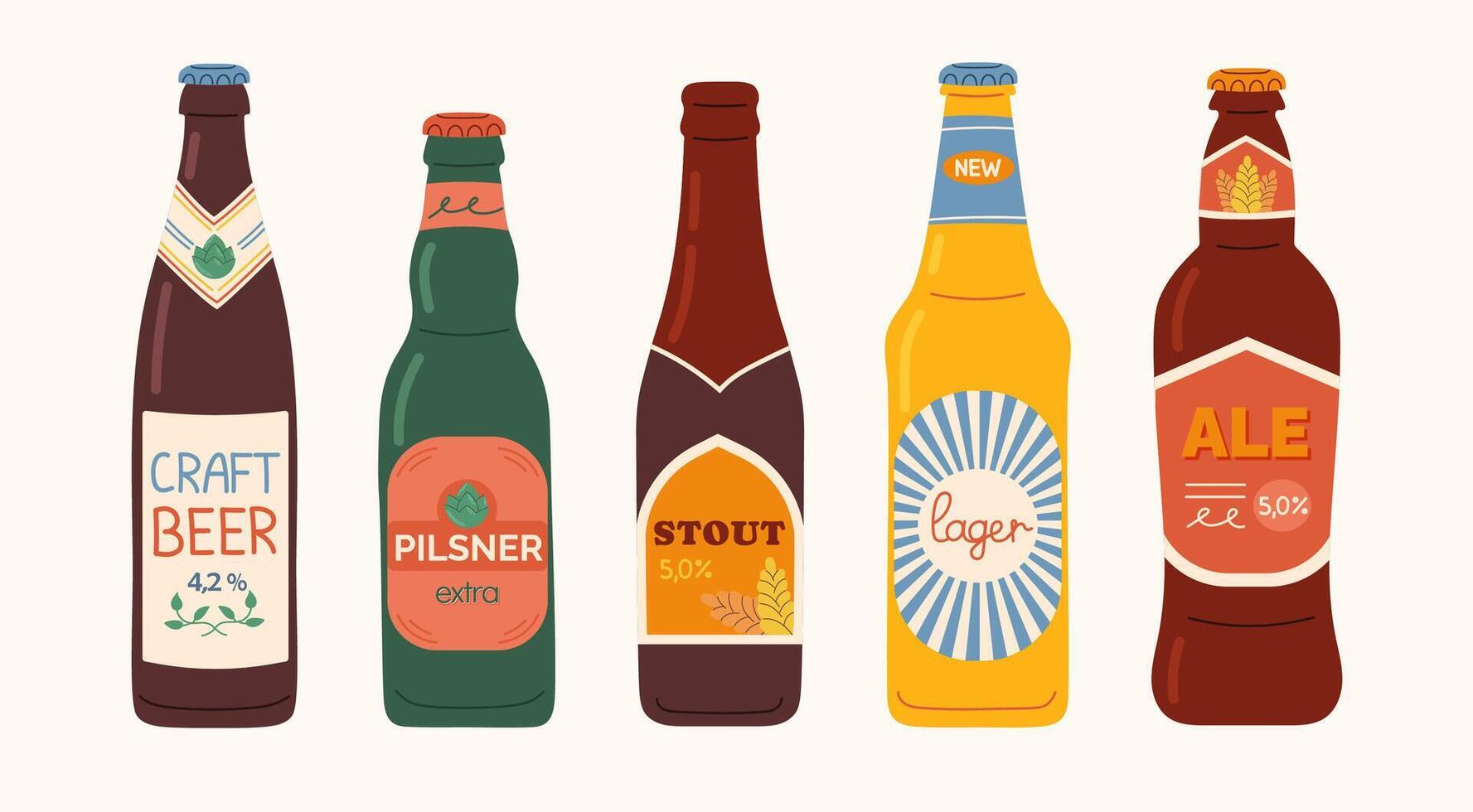 uppsättning av glas öl flaskor. annorlunda flaska öl typer med färgad etiketter. stiliserade hand dragen element för meny restaurang eller bar och pub. vektor