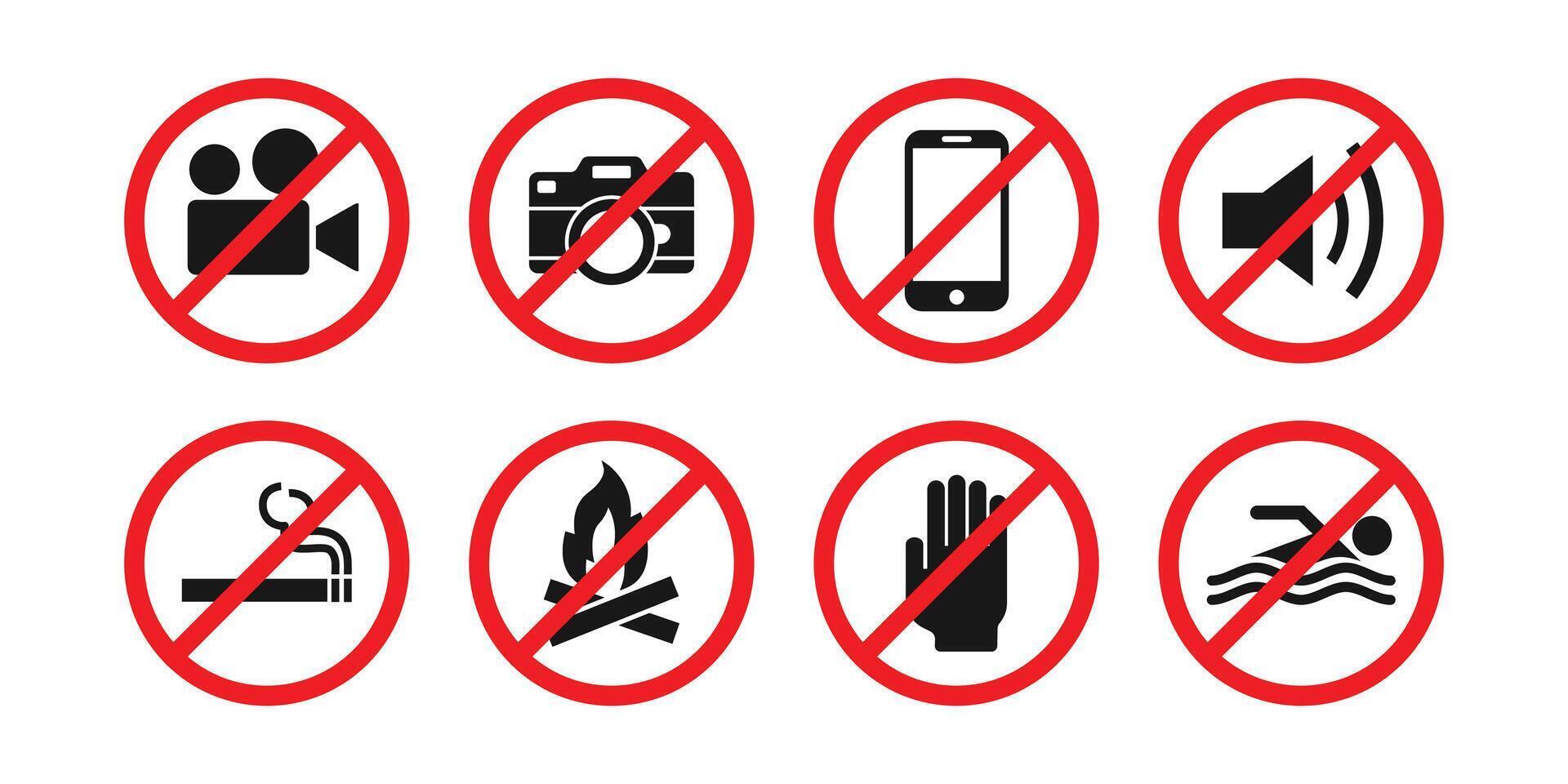 Foto, Video, Telefon, Rauchen und usw. Verbot Symbol Zeichen Satz. verbieten Symbol Logo Sammlung. vektor
