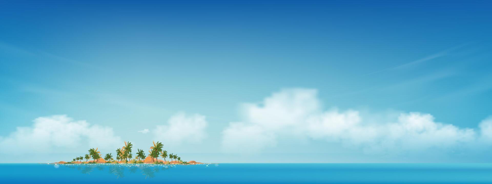 Himmel blau, Wolke Hintergrund, Horizont Sommer- klar Himmel im Morgen im das Insel, Vektor Illustration Panorama- Landschaft Natur Sonnenaufgang im Frühling, Hintergrund Banner Weiß Wolken Über Ozean Strand