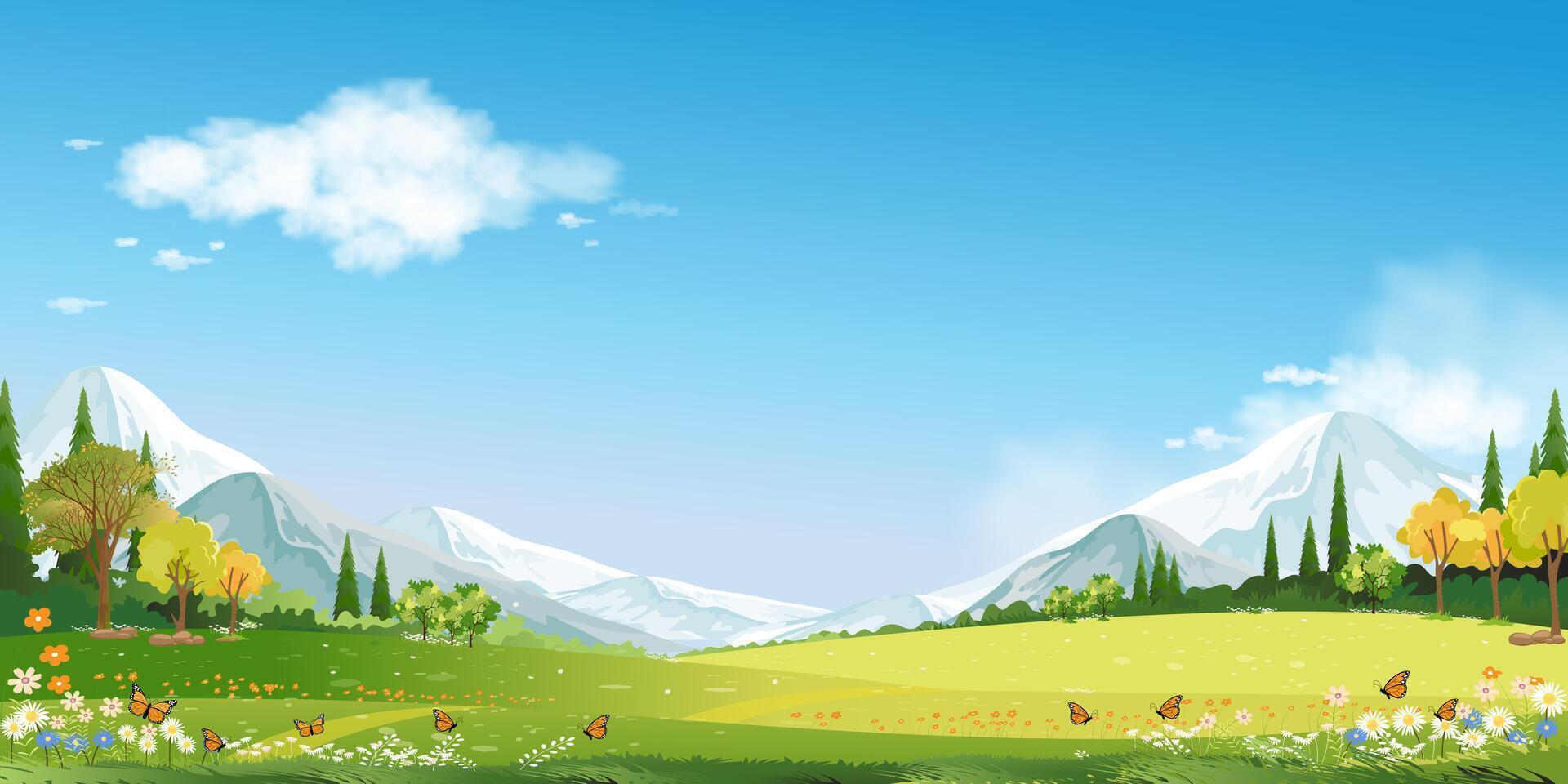 Frühling Hintergrund mit Himmel, Wolke, Gras Feld, Blume auf Hügel und Wald Baum im Dorf, Vektor Karikatur Sommer- Landschaft friedlich ländlich Natur im das Park, Panorama Banner zum Ostern