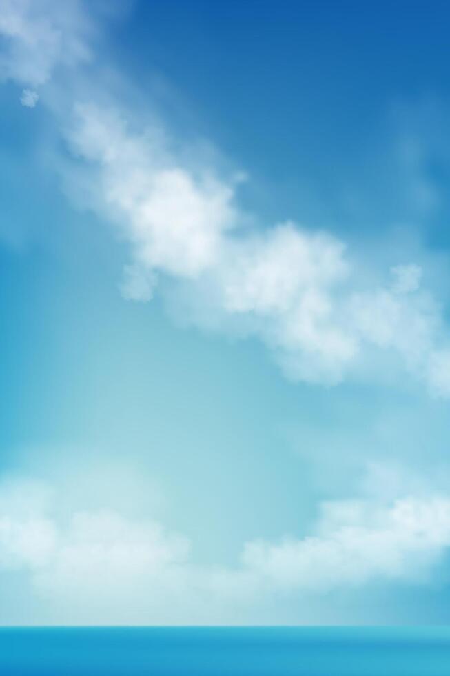 Himmel blau, Wolke Hintergrund, Horizont Frühling klar Himmel im Morgen durch das Strand, Vektor Illustration Vertikale Szene Landschaft Natur Sonnenaufgang im Sommer, Hintergrund Banner Weiß Wolken Über Ozean Blau