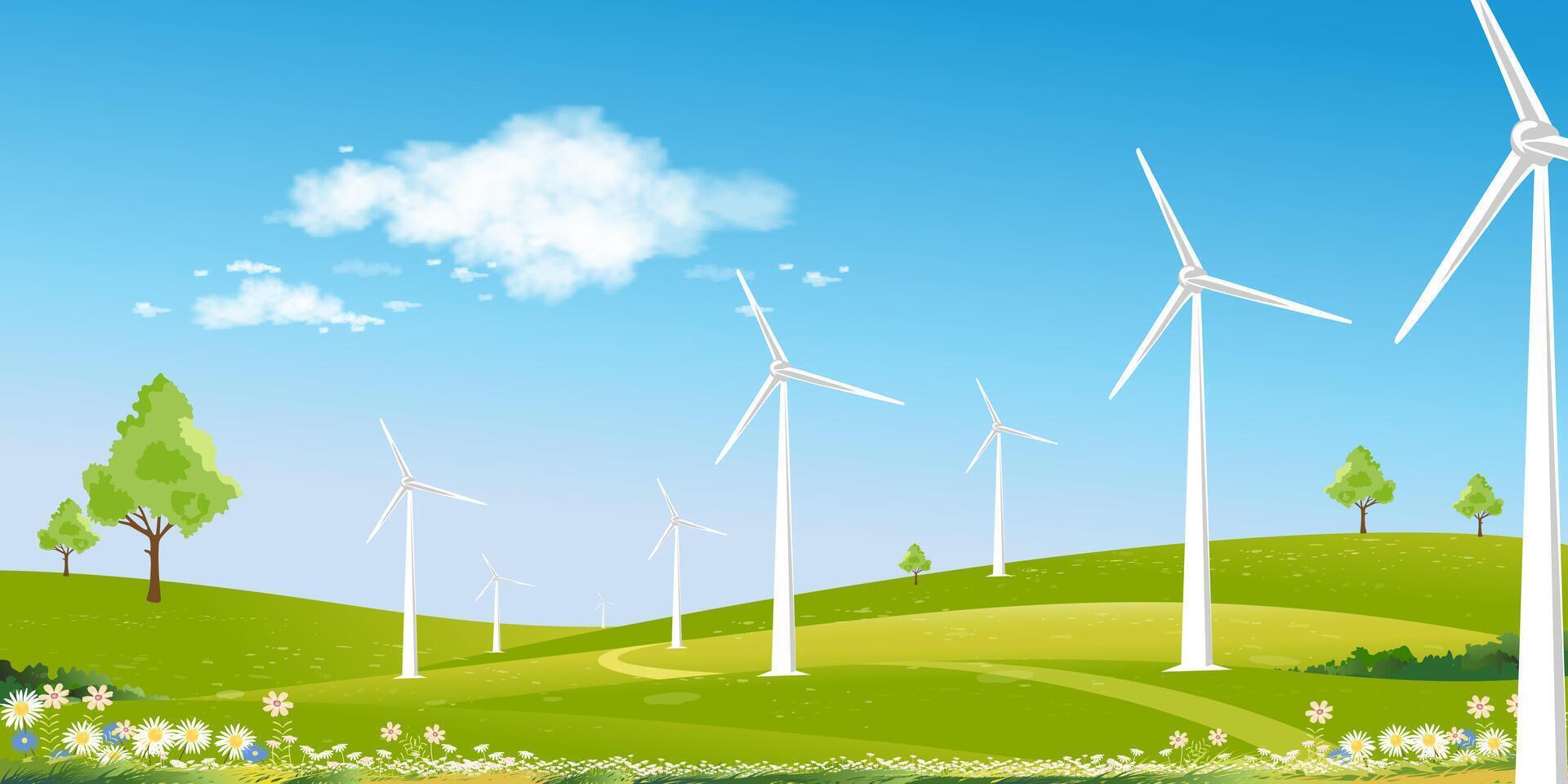 miljö- bakgrund, vår landskap grön fält med väderkvarn på berg, blå himmel, moln, vektor lantlig med sol- panel vind turbiner installerad som förnybar station energi källor för elektricitet