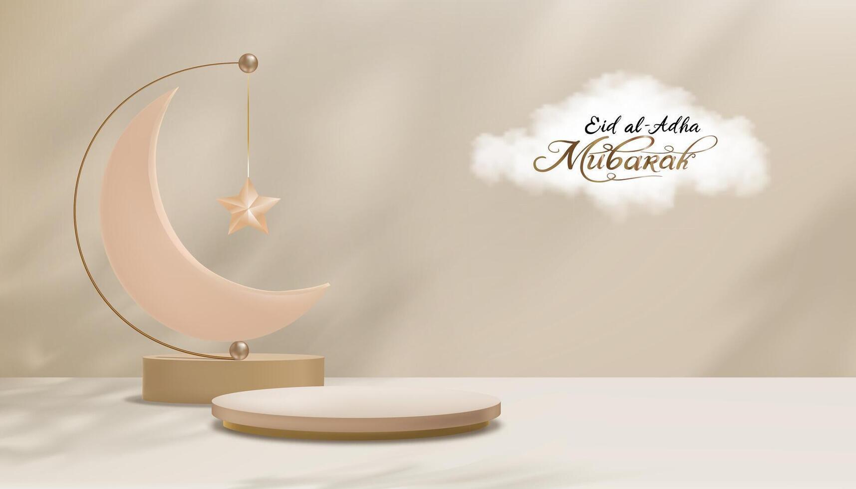 eid al adha Mubarak Gruß Design mit Halbmond Mond und Star hängend auf 3d Podium auf Beige hintergrund.vektor Hintergrund von Religion von Muslim symbolisch zum eid al fitr, Ramadan kareem vektor