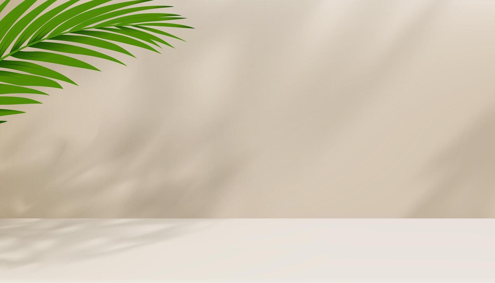 Beige Hintergrund Studio Podium mit Palme Blätter Schatten auf Zement Boden, Kulisse 3d Anzeige Zimmer mit Stand Bühne zum kosmetisch Produkt Präsentation, Verkauf, online Geschäft im Frühling Sommer vektor