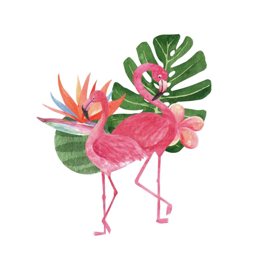 tropisk sammansättning med vattenfärg flamingo. skön hand dragen illustrationer vektor