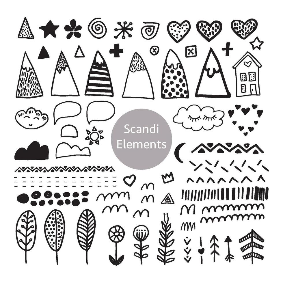 samling av svart element i scandinavian stil i vektor. nordic uppsättning för design affisch, omslag, vykort och Övrig. vektor