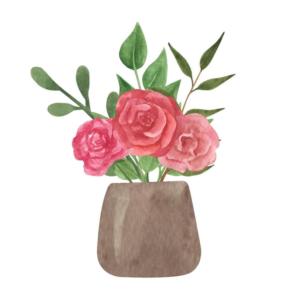 Boho Keramik, Lehm Vase mit Strauß. Zuhause Dekor Topf. Hand gezeichnet Aquarell Clip Art. erdig Farbe vektor