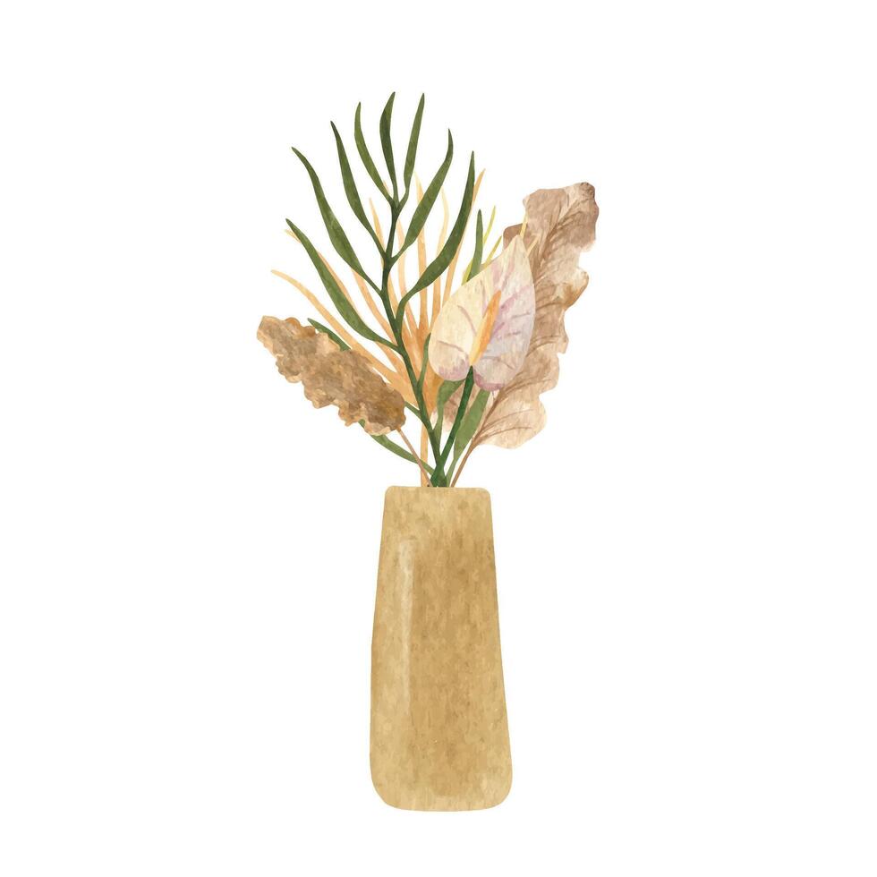 Boho Lehm Vase mit getrocknet Strauß. Zuhause Dekor Topf. Hand gezeichnet Aquarell Clip Art. erdig Farbe vektor