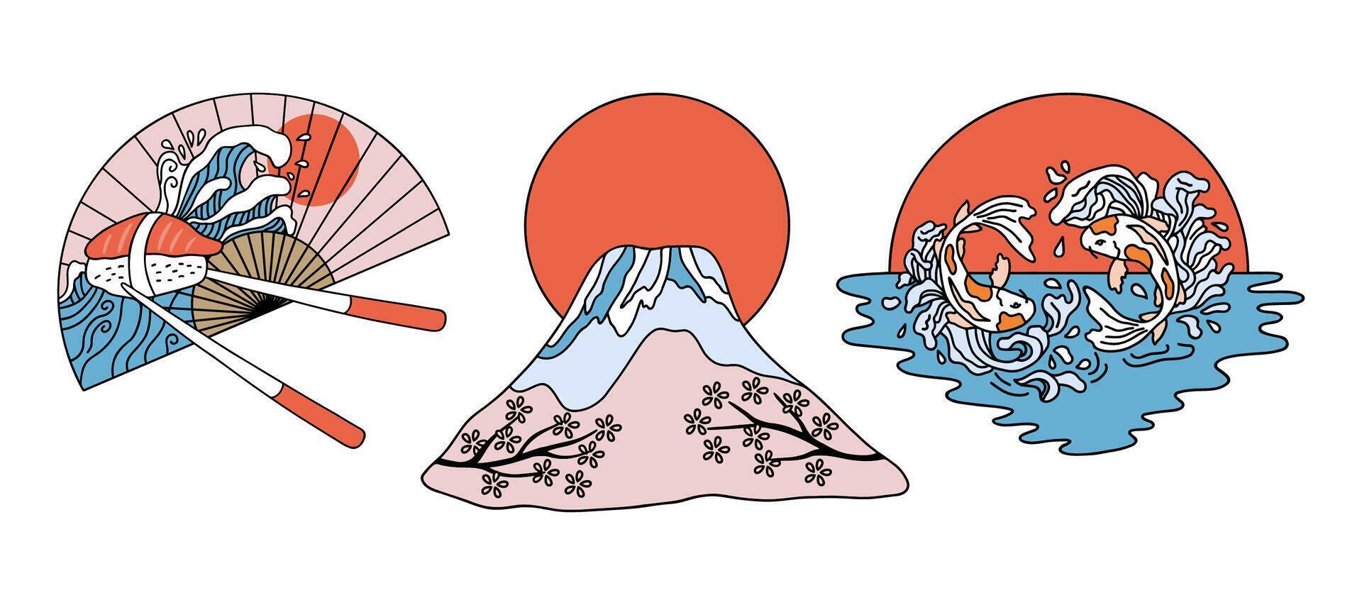 asiatisch Sublimationen mit Koi Fische, Berg Fujiyama, Ventilator im Vektor Hand gezeichnet Stil.