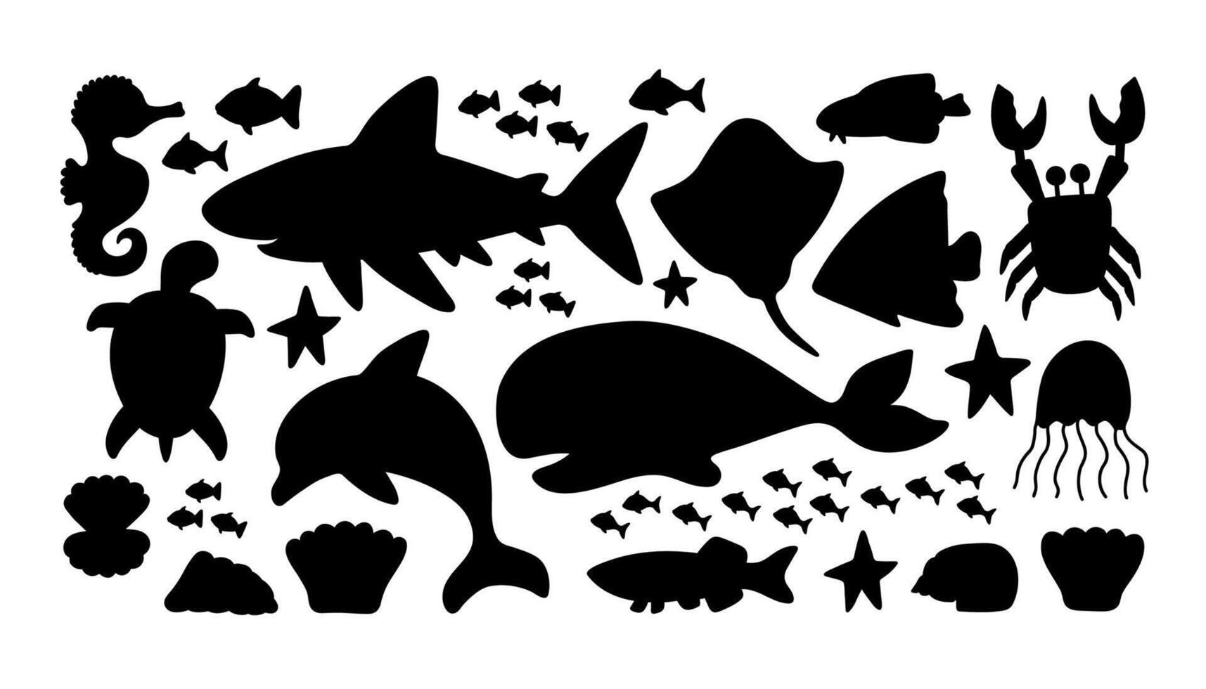 Vektor Meer einstellen Silhouetten mit Delfin, Stachelrochen, Krabbe, Hai, Schildkröte, Fisch, Muschel und Seepferdchen