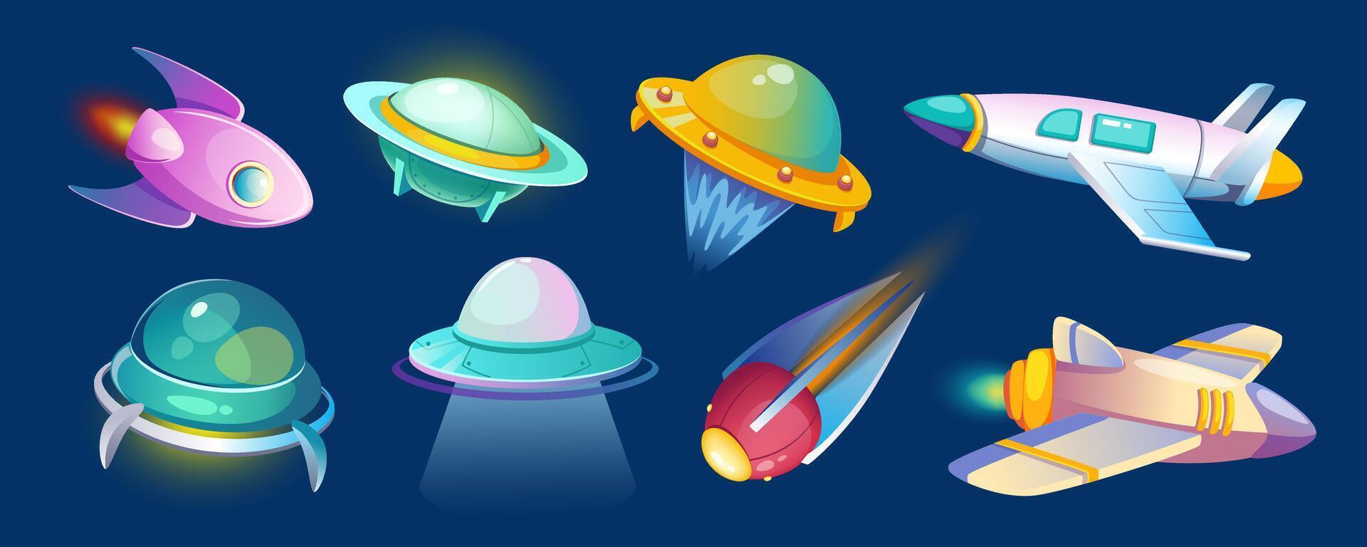 Außerirdischer Raumschiffe Mega einstellen im Karikatur Grafik Design. bündeln Elemente von Fantasie UFO Raum Kunsthandwerk, Raketen, fliegend Untertassen, Shuttles, Raumfahrzeuge mit glühen Beleuchtung. Vektor Illustration isoliert Objekte