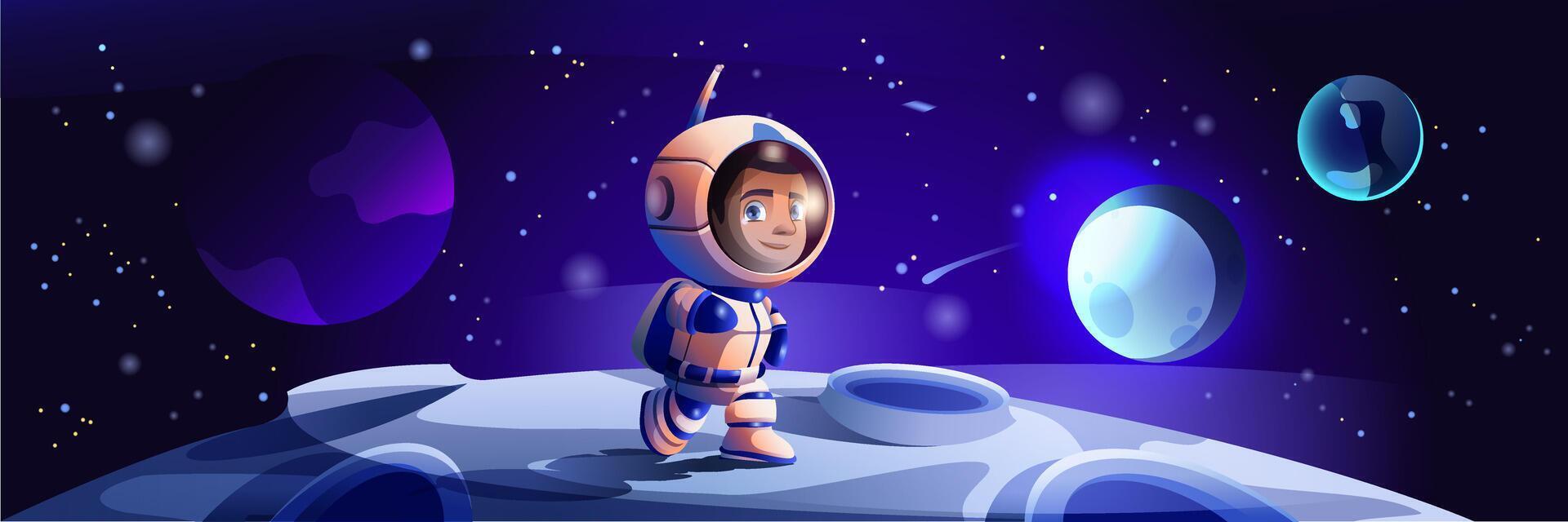 Astronaut beim Raum Hintergrund Banner im eben Karikatur Design. Kosmos Fantasie Poster mit süß Raumfahrer im Raumanzug mit Helm Gehen beim kosmisch Oberfläche Planet mit Mond Krater. Vektor Illustration