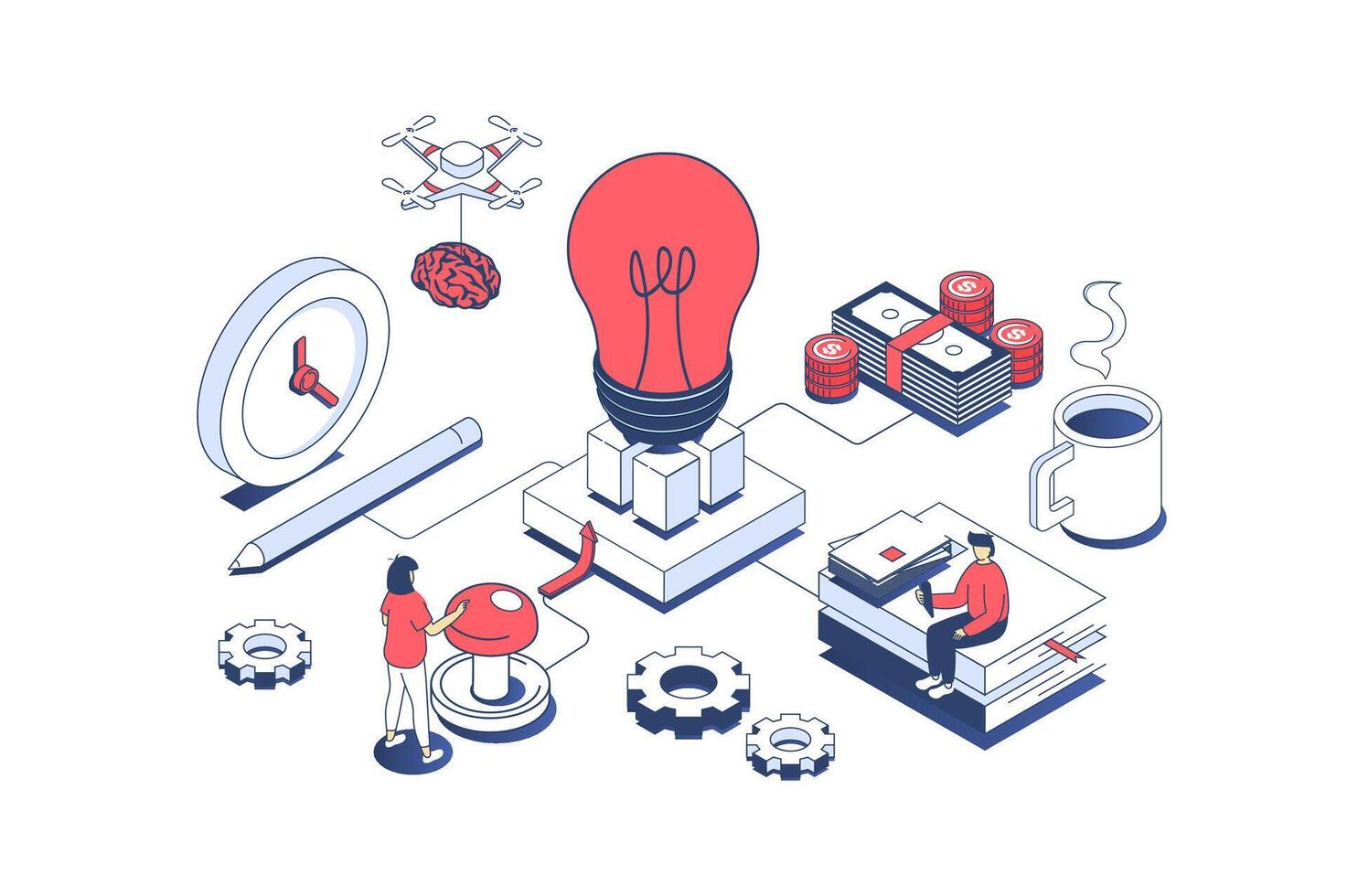 Anfang Konzept im 3d isometrisch Design. Geschäft Mannschaft Brainstorming und Erstellen Neu Unternehmen, anziehen Investition zum Entwicklung. Vektor Illustration mit Isometrie Menschen Szene zum Netz Grafik