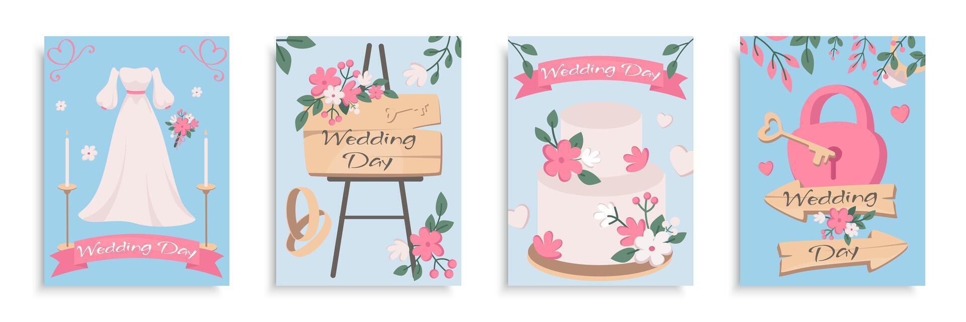 Hochzeit Startseite Broschüre einstellen im eben Design. Poster Vorlagen mit Weiß Braut Kleid, Kerzen, Strauß, Rosa Blumen, hölzern Zeichen, Ringe, festlich Kuchen, Herz Vorhängeschloss mit Taste. Vektor Illustration.