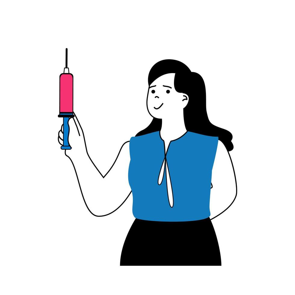 medicinsk begrepp med tecknad serie människor i platt design för webb. kvinna med spruta framställning säsong- vaccination till patienter i sjukhus. vektor illustration för social media baner, marknadsföring material.