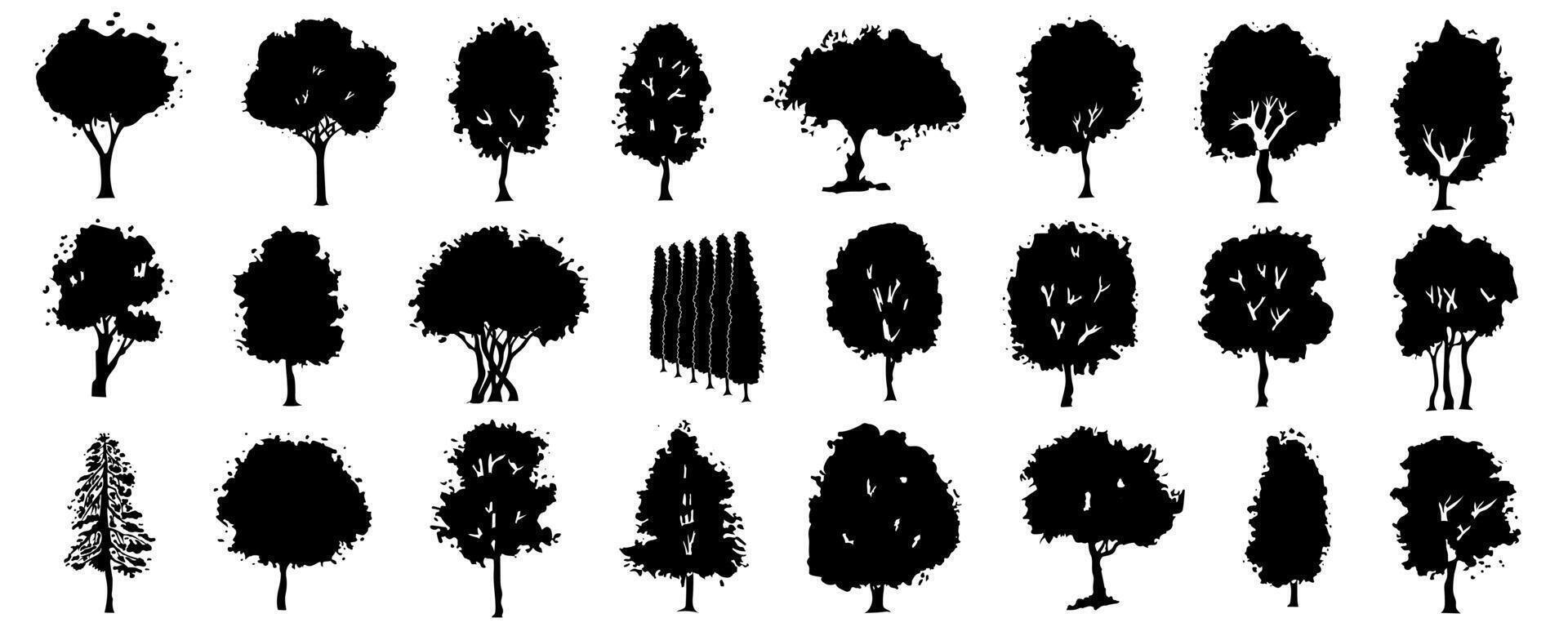 träd silhuetter mega uppsättning i tecknad serie grafisk design. bunt element av svart översikt ekar, lönnar, tallar och Övrig enkel träd former för landskaps skog. vektor illustration isolerat objekt