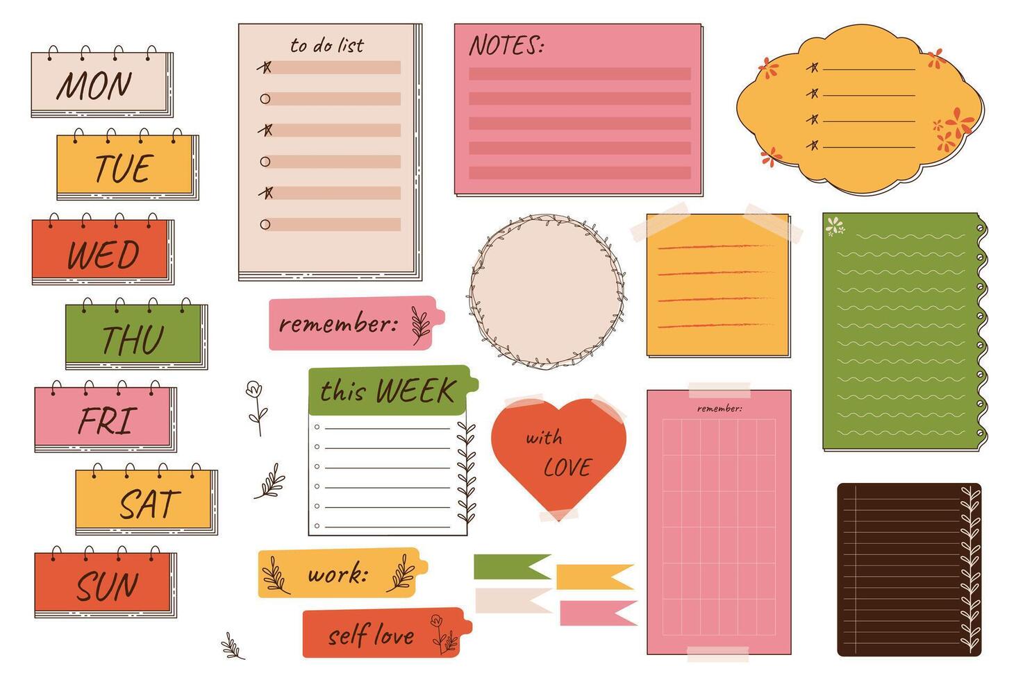 Planung Aufkleber Mega einstellen im eben Design. bündeln Elemente von Veranstalter wöchentlich Stichworte, zu tun Listen, Anmerkungen Vorlagen, Memo Bretter, Papier Stücke und Erinnerungen. Vektor Illustration isoliert Grafik Objekte