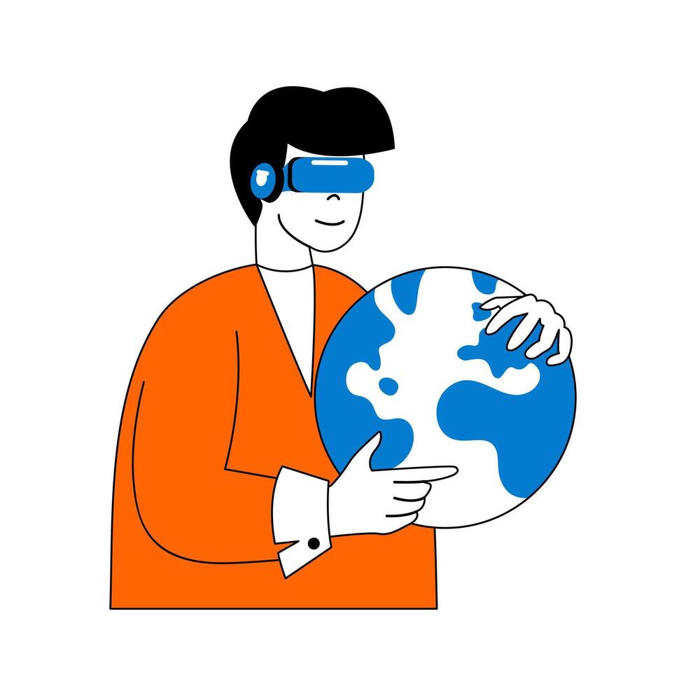 virtuell Wirklichkeit Konzept mit Karikatur Menschen im eben Design zum Netz. Mann im vr Headset verbinden mit Globus Netzwerk und Metaverse. Vektor Illustration zum Sozial Medien Banner, Marketing Material.