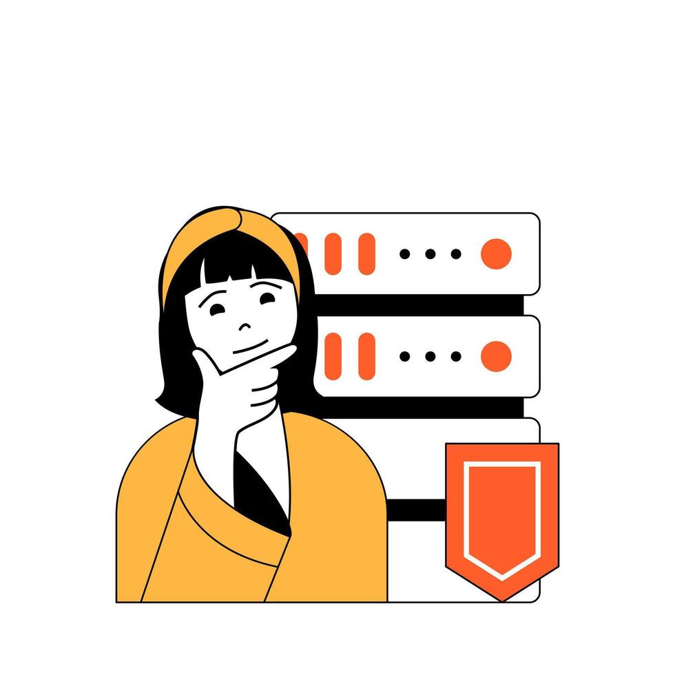 Cyber Sicherheit Konzept mit Karikatur Menschen im eben Design zum Netz. Frau mit Schild Schutz System zum Server Datenbank Sicherheit. Vektor Illustration zum Sozial Medien Banner, Marketing Material.