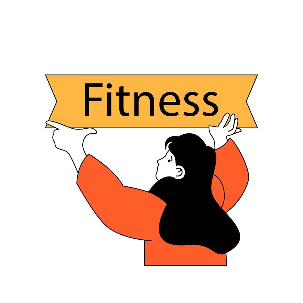 Fitness Konzept mit Karikatur Menschen im eben Design zum Netz. Frau führen aktiv Lebensstil, tun Übungen beim Fitnessstudio zum gesund Körper. Vektor Illustration zum Sozial Medien Banner, Marketing Material.