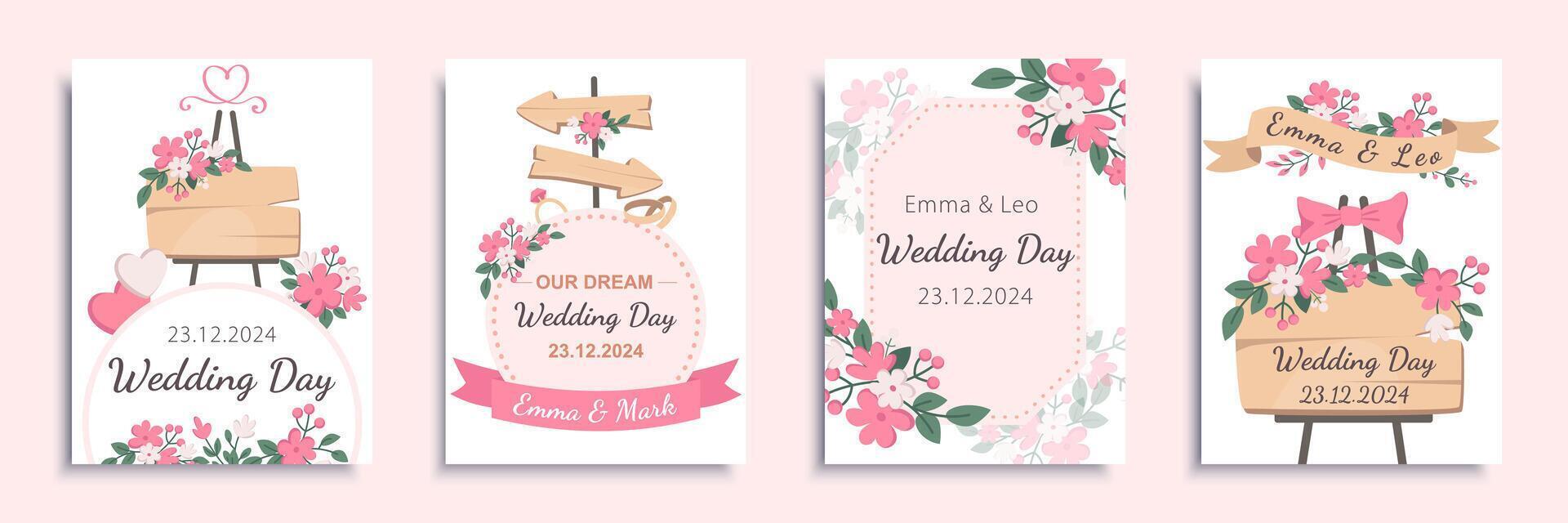 bröllop dag omslag broschyr uppsättning i platt design. affisch mallar med inbjudan kort med elegant trä- styrelser med ceremoni datum, blomma buketter, rosa hjärtan, band ramar. vektor illustration