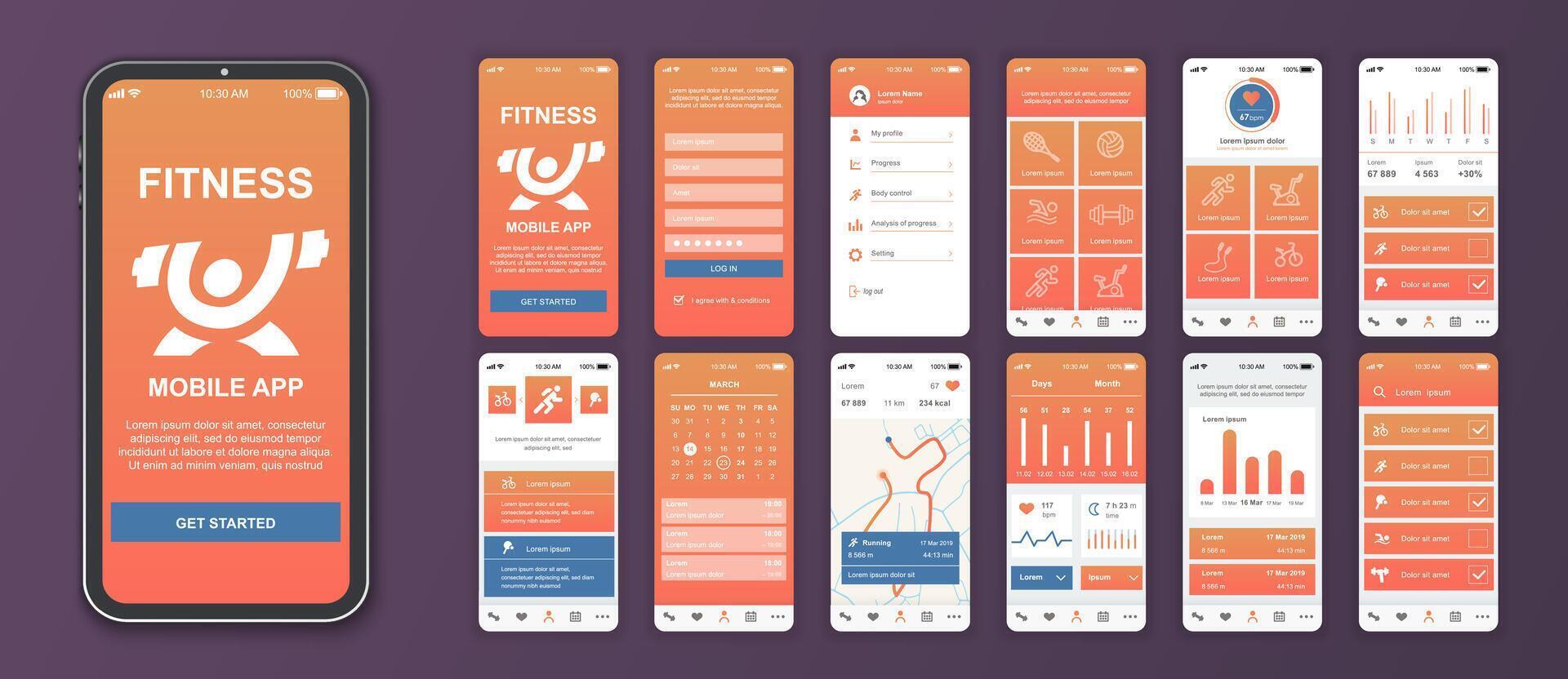 Fitness Handy, Mobiltelefon App Schnittstelle Bildschirme Vorlage Satz. online Konto, Aktivität Statistik, Sport Schulungen Liste, Daten Überwachung, Karte. Pack von ui, ux, gui Kit zum Anwendung Netz Layout. Vektor Design.