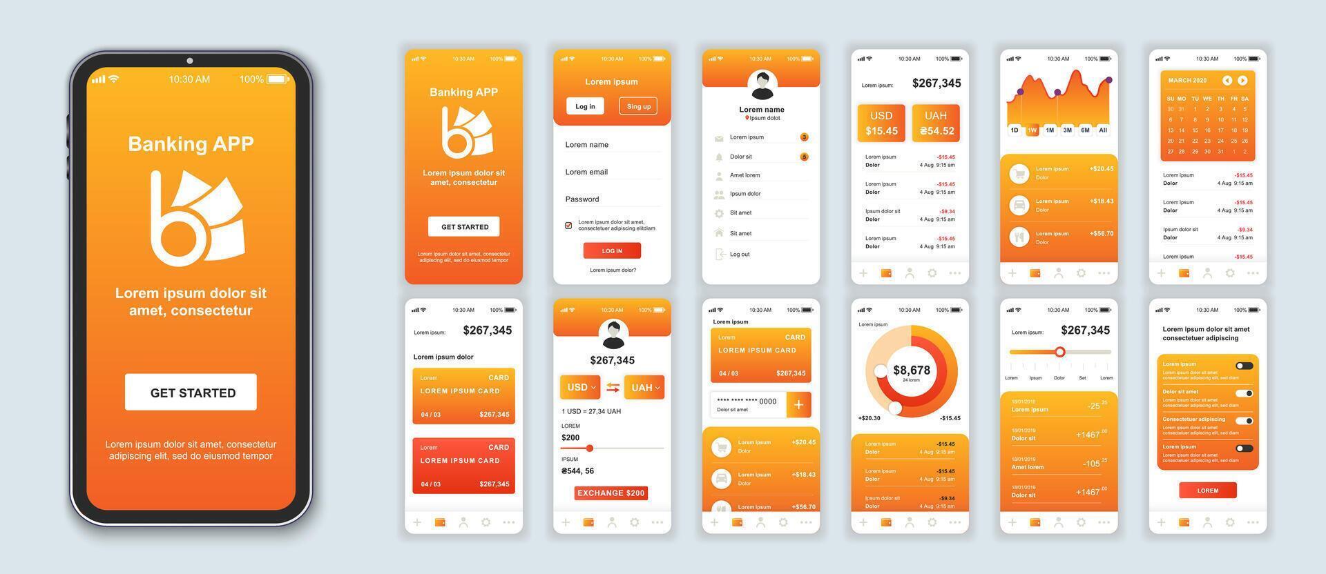 Bankwesen Handy, Mobiltelefon App Schnittstelle Bildschirme Vorlage Satz. online Konto, Gleichgewicht, finanziell Statistiken, Anerkennung Karte Management, Analytik. Pack von ui, ux, gui Kit zum Anwendung Netz Layout. Vektor Design.