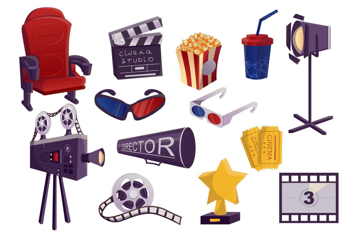 Kino Industrie Mega einstellen im eben Design. bündeln Elemente von Stuhl, Klappe, Popcorn, Scheinwerfer, Kamera, 3d Gläser, Eintrittskarten, Film Spule und andere. Vektor Illustration isoliert Grafik Objekte