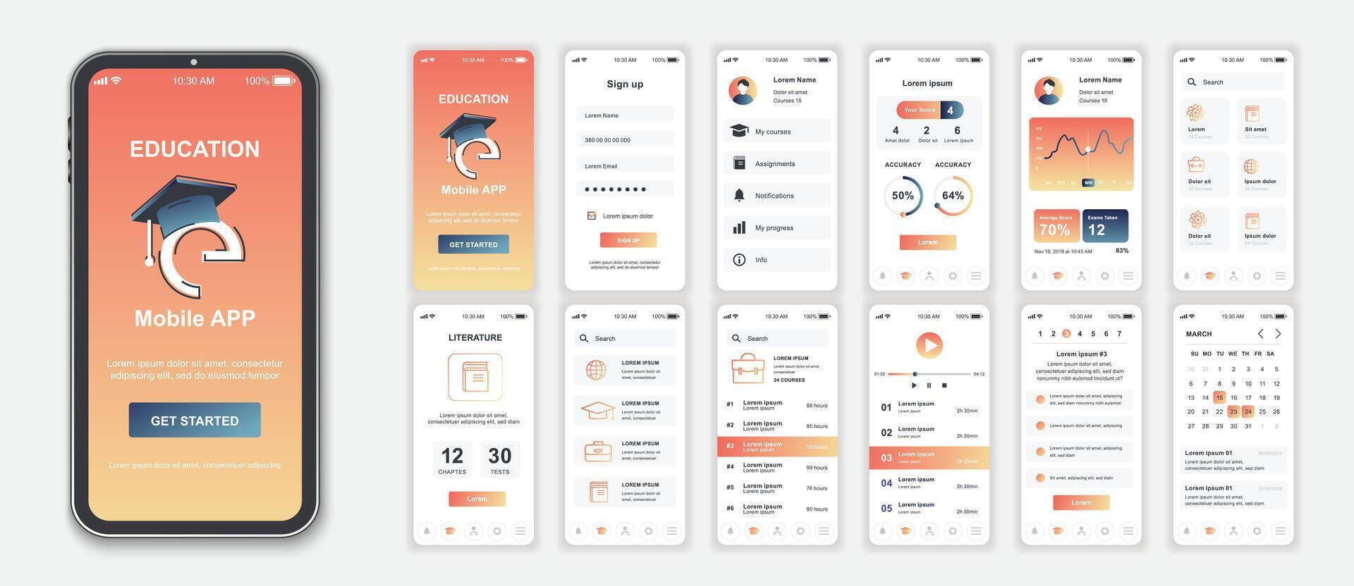 Bildung Handy, Mobiltelefon App Schnittstelle Bildschirme Vorlage Satz. online Konto, Fortschritt Statistik, Lektionen Liste, Lernprogramm Plattform, Kalender. Pack von ui, ux, gui Kit zum Anwendung Netz Layout. Vektor Design.