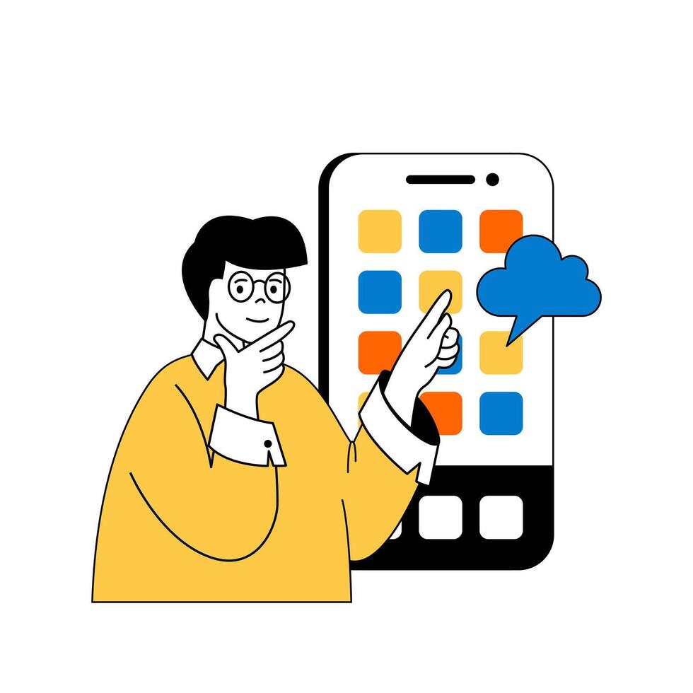 Wolke Computing Konzept mit Karikatur Menschen im eben Design zum Netz. Mann mit Zugriff zu online Lager Backup Daten von Handy, Mobiltelefon Telefon. Vektor Illustration zum Sozial Medien Banner, Marketing Material.