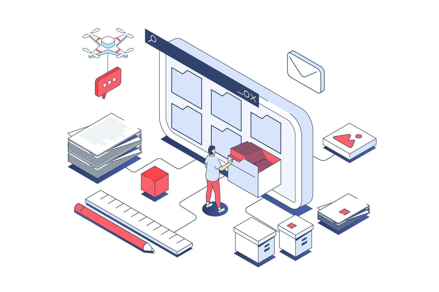 elektronisk organisation filer begrepp i 3d isometrisk design. man organisering filer i mappar på skärm, dela med sig och laddar ner dokument. vektor illustration med isometri människor scen för webb grafisk