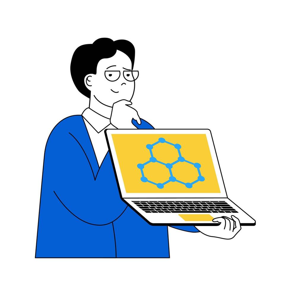 vetenskap laboratorium begrepp med tecknad serie människor i platt design för webb. forskare arbetssätt på bärbar dator med celler molekyl strukturera. vektor illustration för social media baner, marknadsföring material.