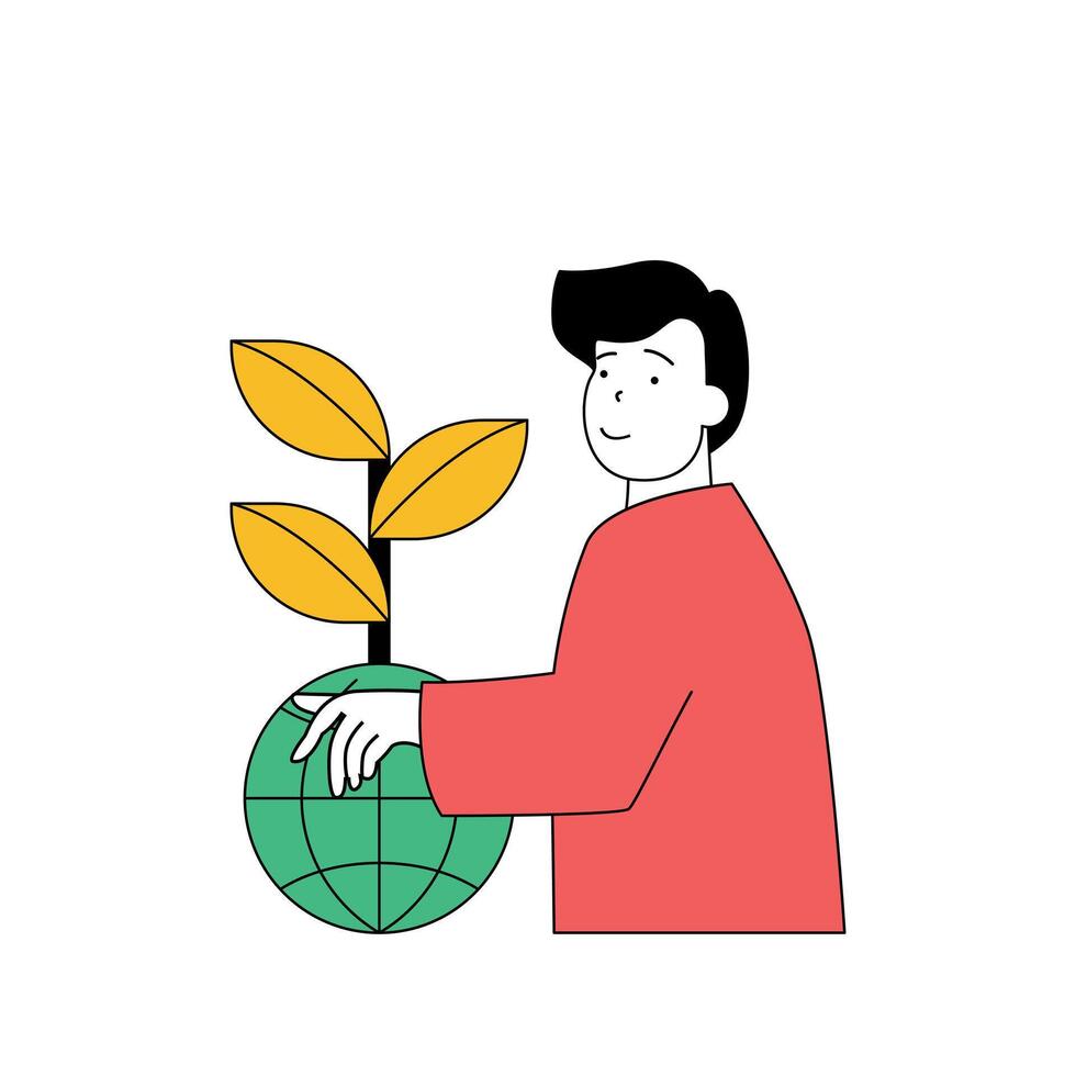 ekologi begrepp med tecknad serie människor i platt design för webb. man skyddande växter och skog, sparande jord planet från klimat förändra. vektor illustration för social media baner, marknadsföring material.
