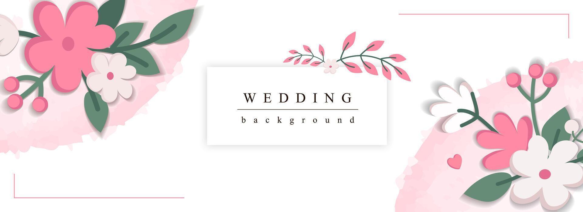 bröllop horisontell webb baner. romantisk äktenskap fest inbjudan med abstrakt rosa och vit blomning blommor med löv. vektor illustration för rubrik hemsida, omslag mallar i modern design